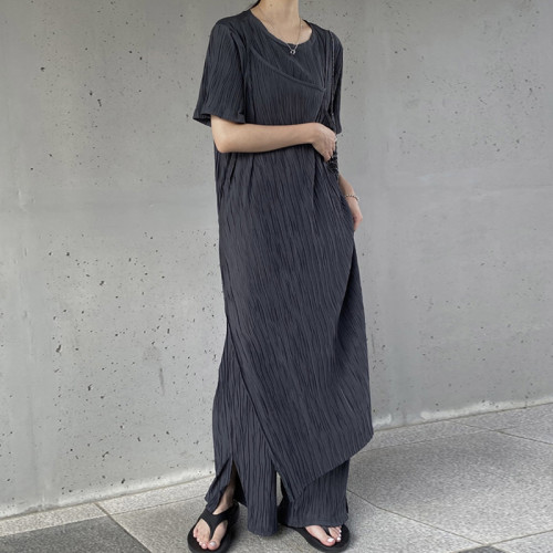 Chic Fake Two-Piece Texture Split Dress + High Waist Loose Casual Wide-Leg Trousers