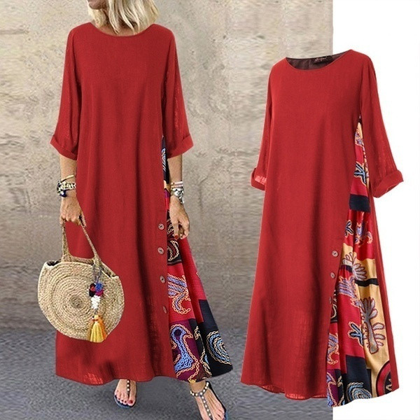 Vintage Half Sleeve Buttons Printed Loose Maxi Dress