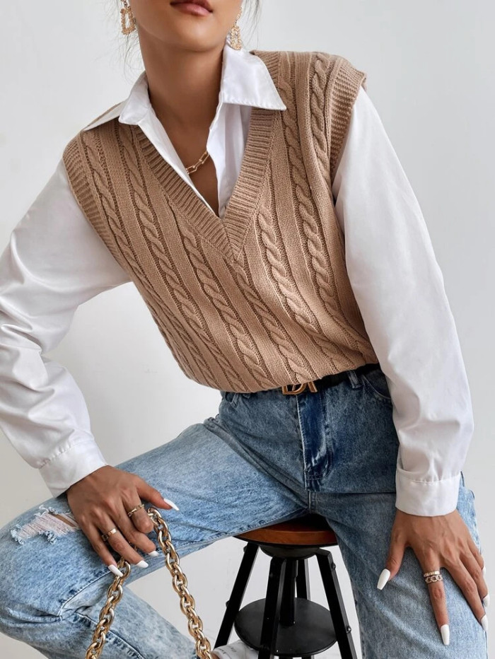 Women's Solid Color V-neck Casual Sweater Vest
