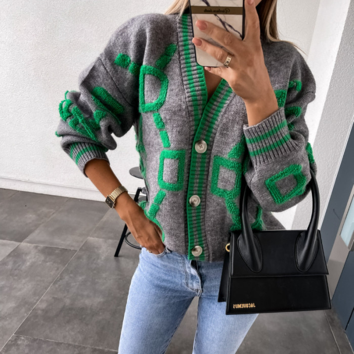 Women V Neck Vintage Knitted Loose Casual Printed Cardigan