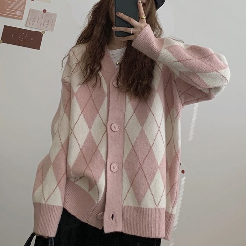 Preppy Style Loose Geometric Knit Sweater for Women