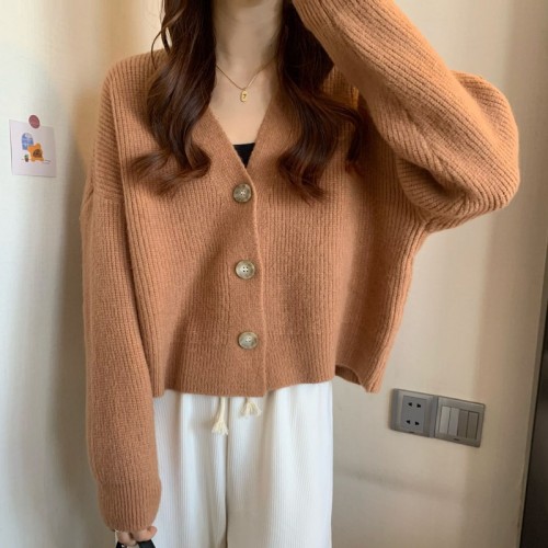 Female V-neck Knitted Single Breasted Cardigan