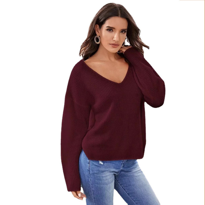 Women's Sexy V-neck Knit Casual Simple Sweatshirts