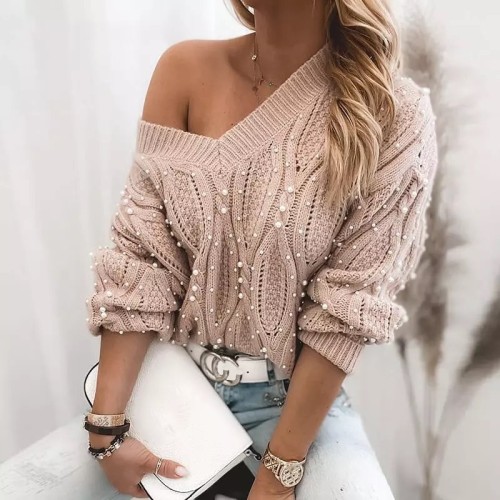 Autumn Solid Cut-out Pearl Casual Loose Sweater