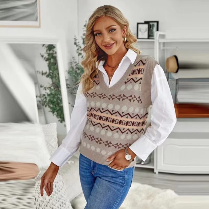Women Casual Loose V-Neck Printing Sweater Vest