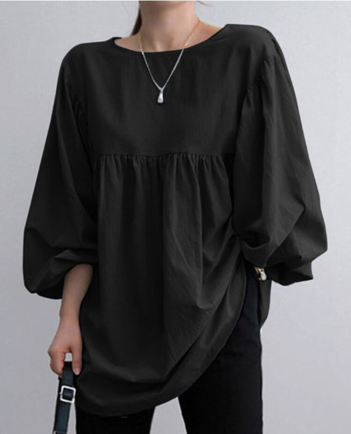 Women's Pleated Stitching Round Neck Casual Tops