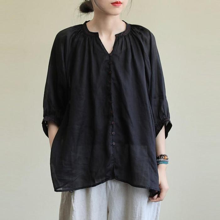 Women Simple Style Solid Half Sleeve Loose Casual Shirts