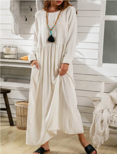 Women's Round Neck Solid Cotton Linen Patchwork Maxi Dress