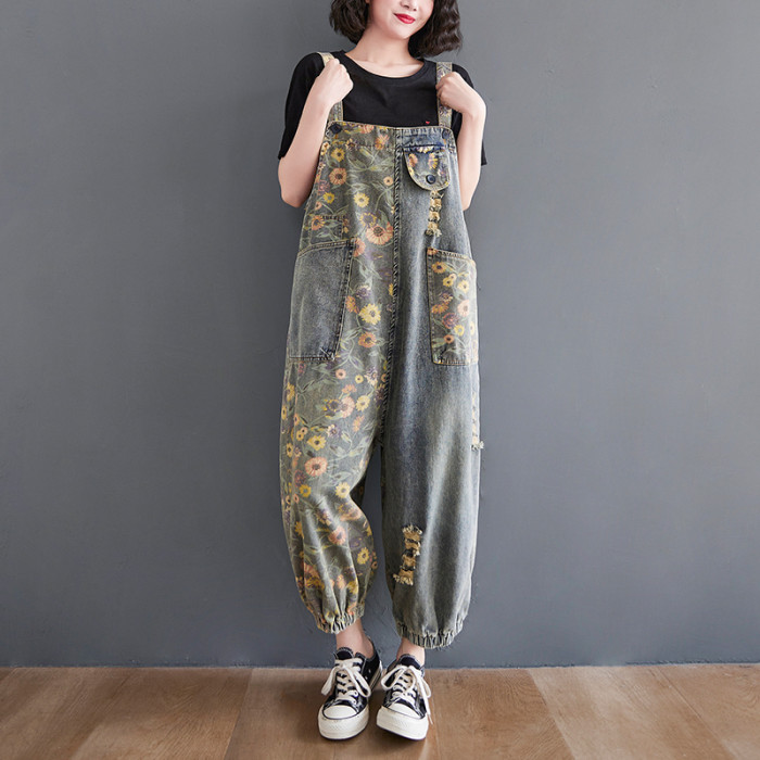 Fashion Patchwork Pockets Strap Printing Floral Denim Jumpsuits