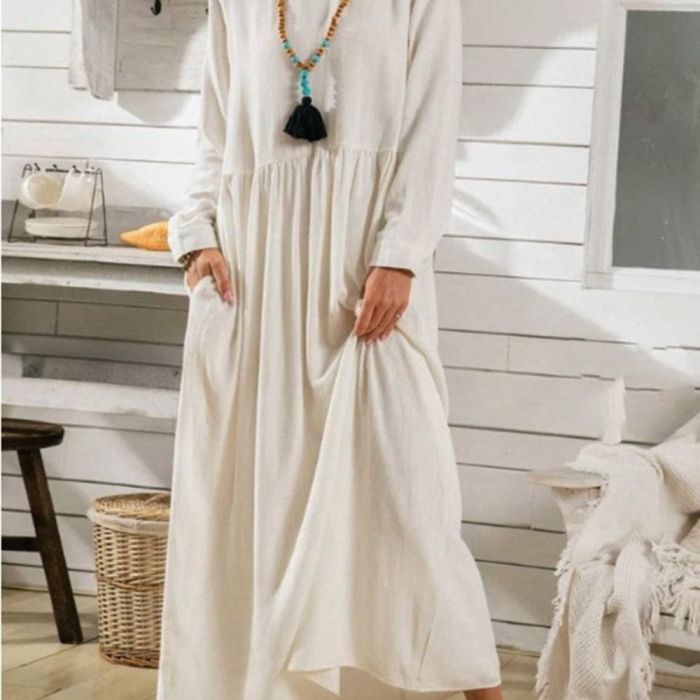 Women's Round Neck Solid Cotton Linen Patchwork Maxi Dress