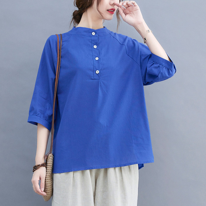 Women's Solid Versatile Cotton Linen Shirt