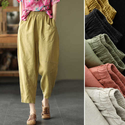 Women Vintage Pocket Elastic Waist Cotton Linen Pants