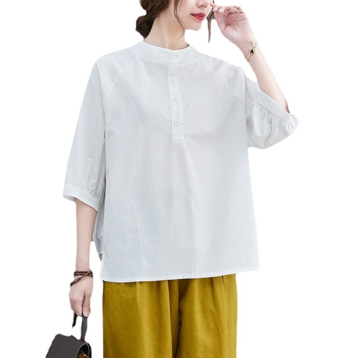 Women's Solid Versatile Cotton Linen Shirt