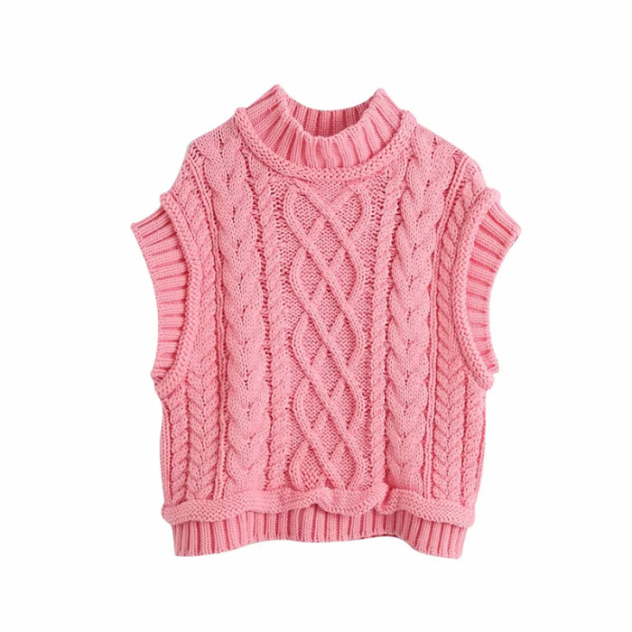Women Knit Cropped Pink Sweater Vest