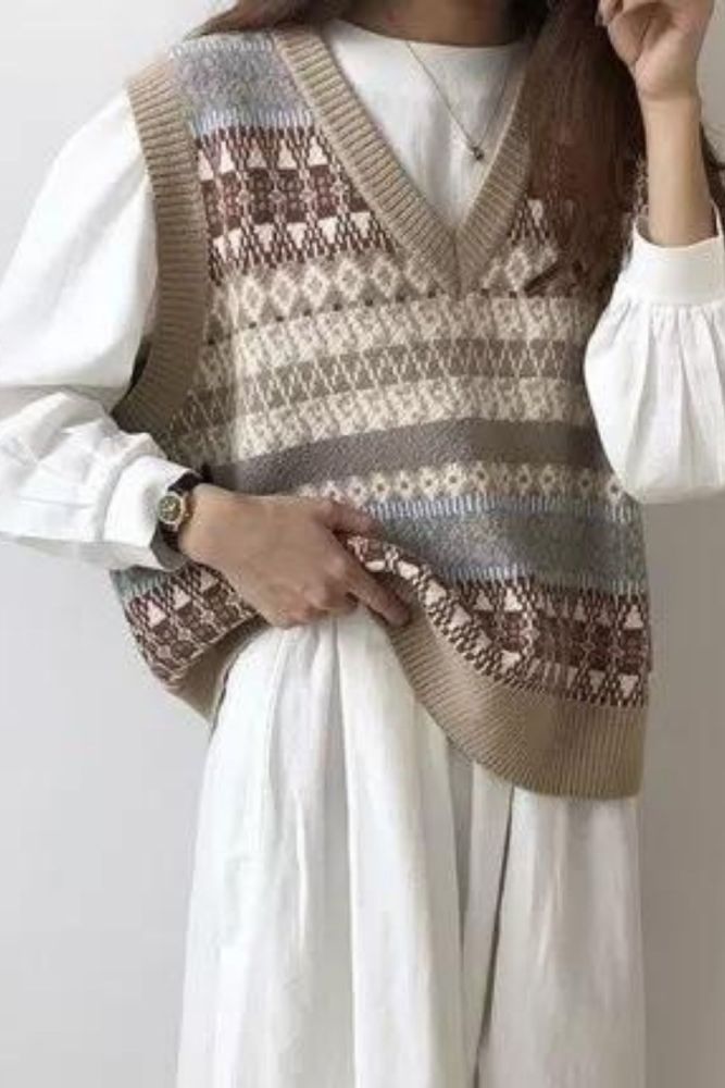 Women Sleeveless Pullover Vintage Knitted Vest Sweater