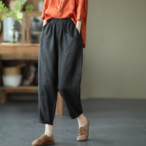 Women Vintage Pocket Elastic Waist Cotton Linen Pants