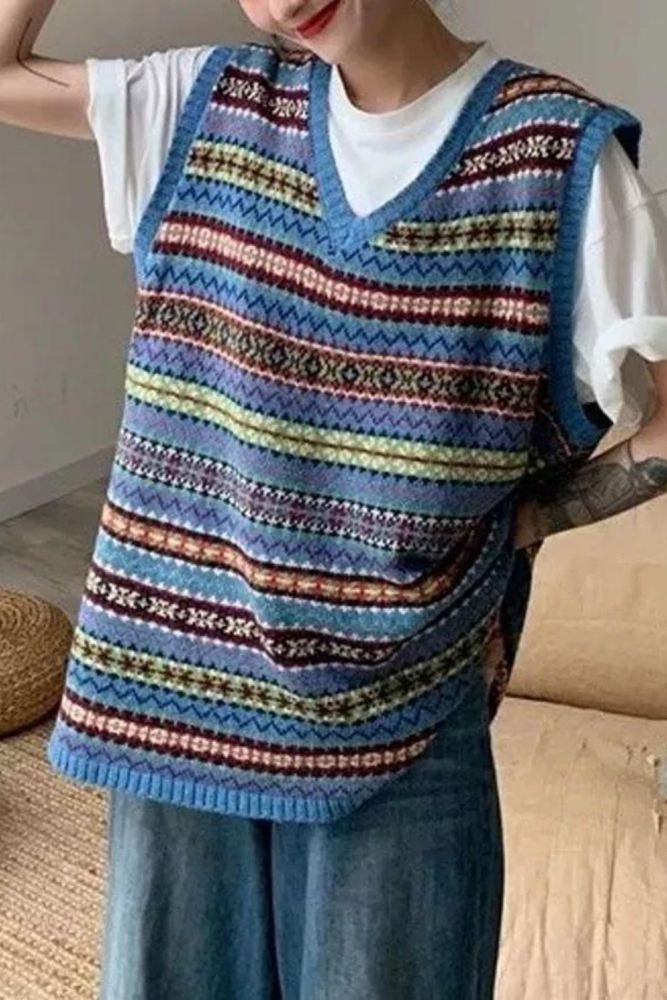 Oversize Striped Vintage Knit Sweater Vest
