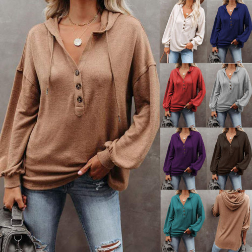 Women Button Drawstring Loose Hooded Sweatshirts