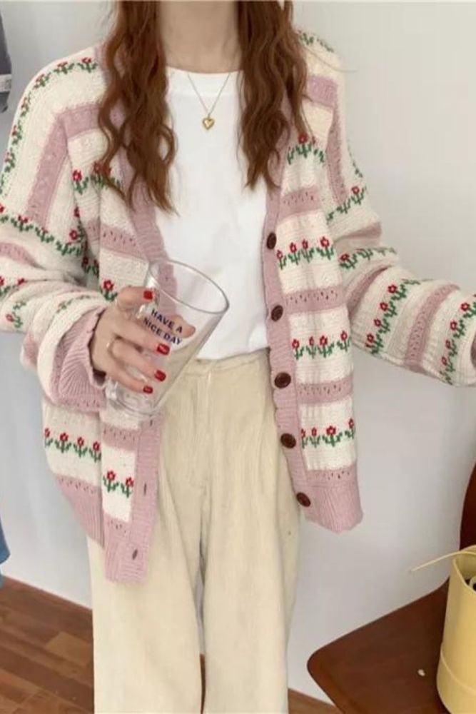 Vintage Floral Single-breasted Knitted Cardigan