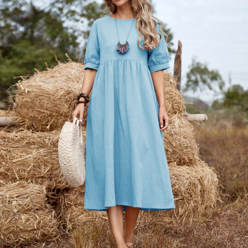 Women's Solid Color Loose Waist Cotton Linen Casual Dress