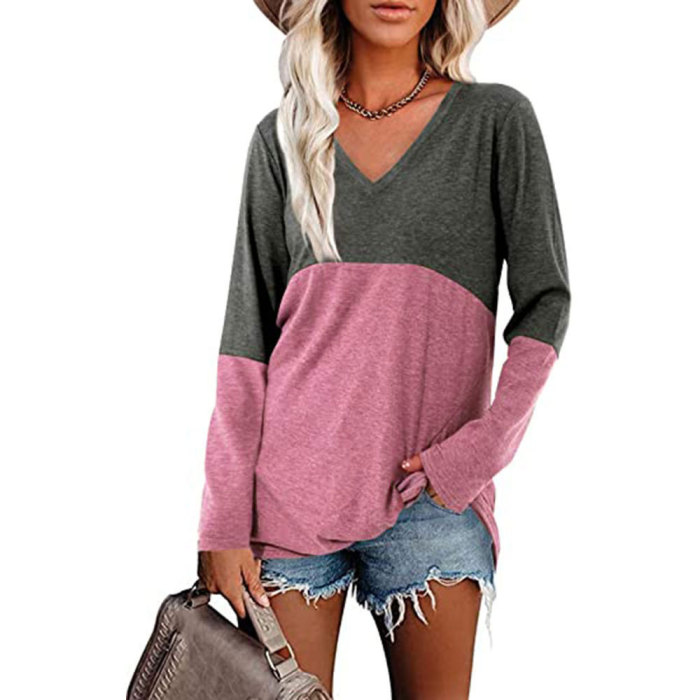 Women's Autumn Long-sleeved Stitching V-neck Casual Tops