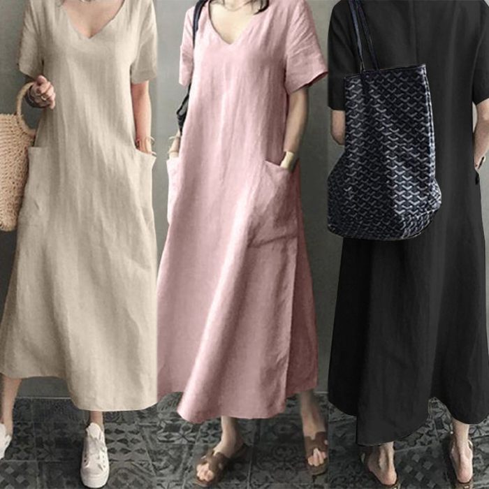 Women Cotton Linen Plus Size Maxi Dress