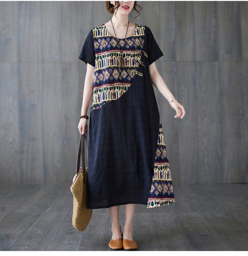 Women Cotton Linen Patchwork Plaid Casual Dress