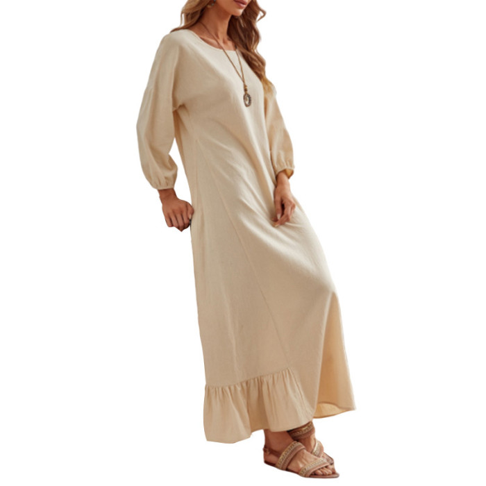 Women's New Vintage O-Neck Solid Maxi Dress