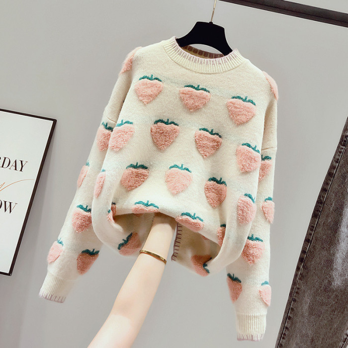Women's Strawberry Embroidery Round Collar Knitted Sweaters