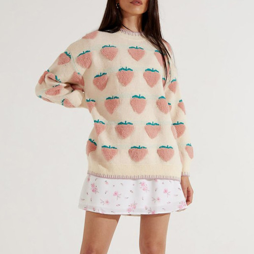 Women's Strawberry Embroidery Round Collar Knitted Sweaters