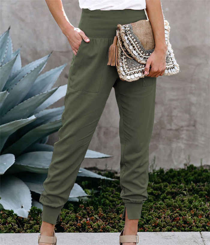 Women's Elastic High Waist Slit Casual Pants