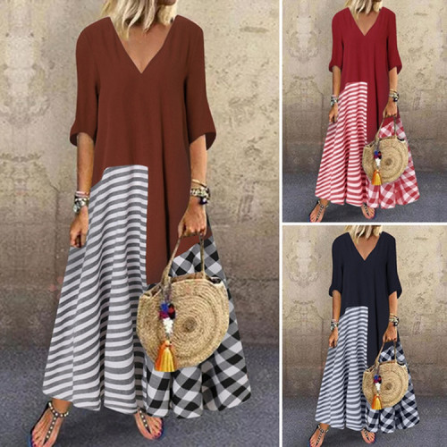 Women's Patchwork Half Sleeve Printed Casual Maxi Dress