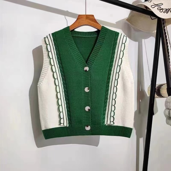 Women's Stitching V-neck Casual Knitted Sweater Vest