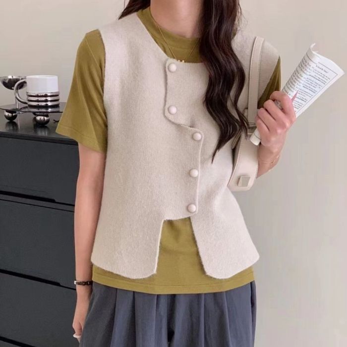 Women's Short Irregular Button Chic Knit Sweater Vest