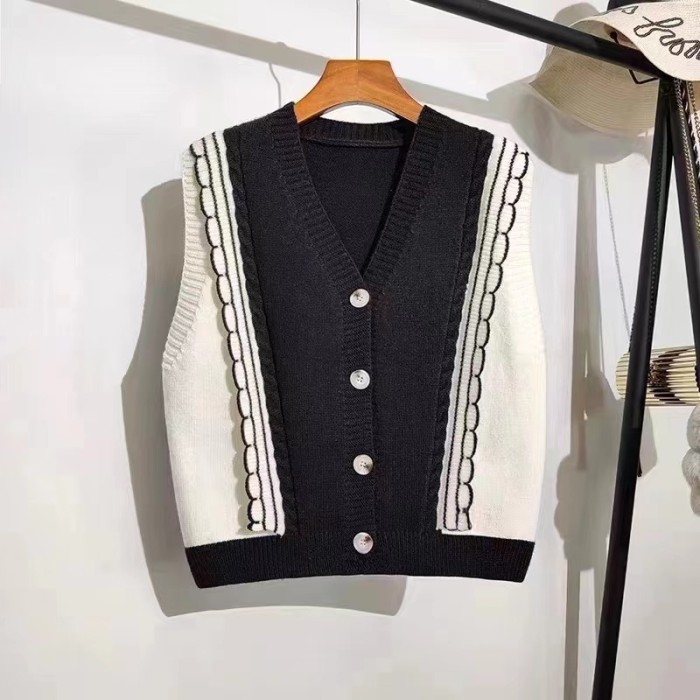 Women's Stitching V-neck Casual Knitted Sweater Vest