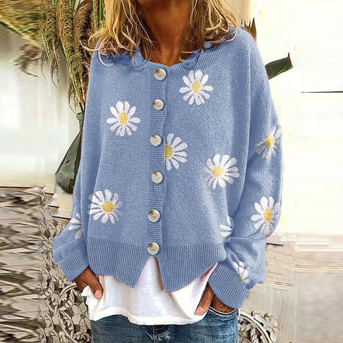 Women Thick Warm Button Daisy Printing Loose Cardigan