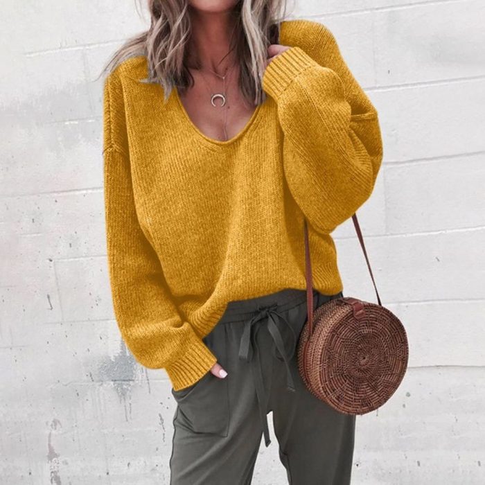 Women Casual Solid V Neck Knitted Sweater