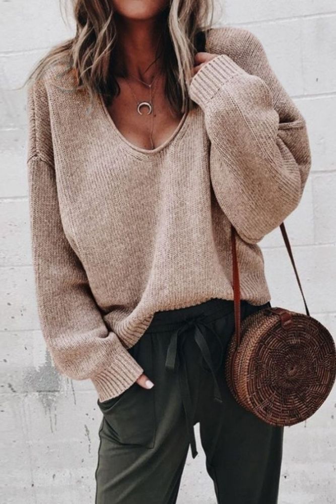 Women Casual Solid V Neck Knitted Sweater