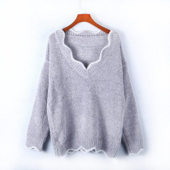 Women Fashion Casual Slim Stripe V-Neck Knitted Sweater