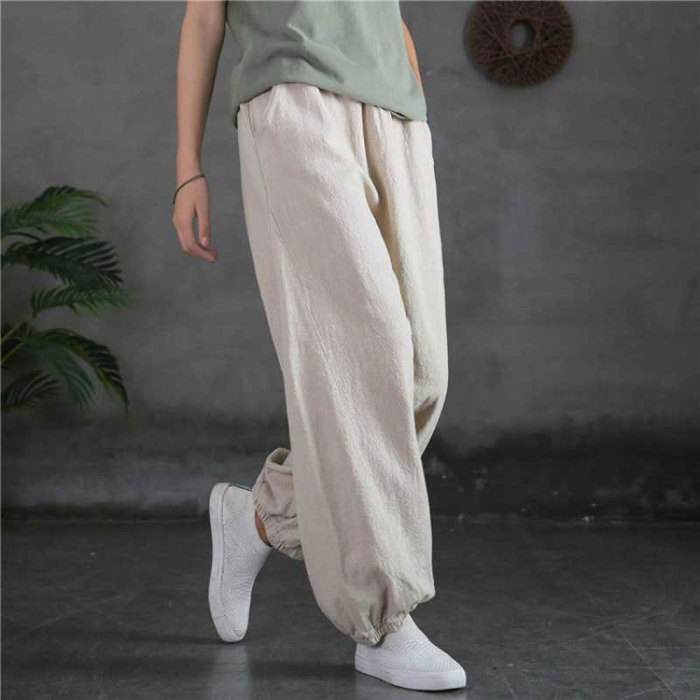 Women Elastic Waist Solid Pockets Casual Cotton Linen Pants