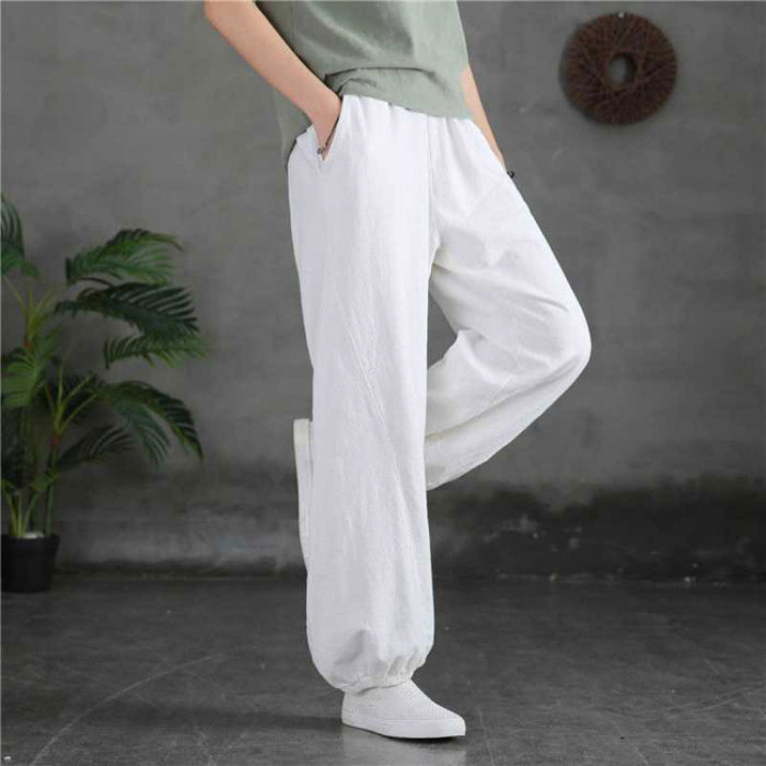 Women Elastic Waist Solid Pockets Casual Cotton Linen Pants
