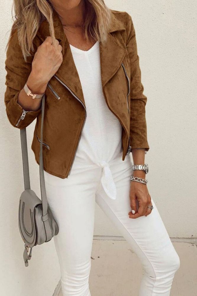 Women Elegant Lapel Collar Zipper Design Short Jacket