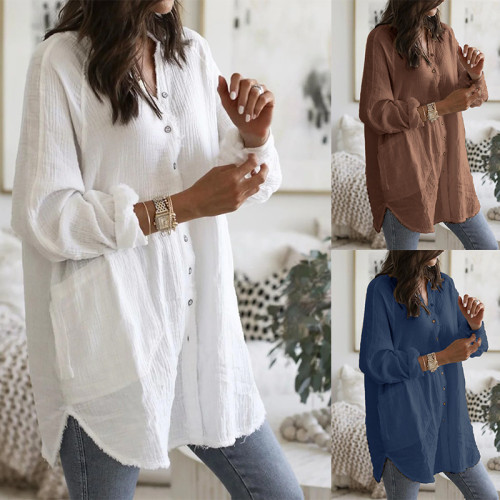 Women V-neck Solid Pockets Single Breasted Casual Shirts