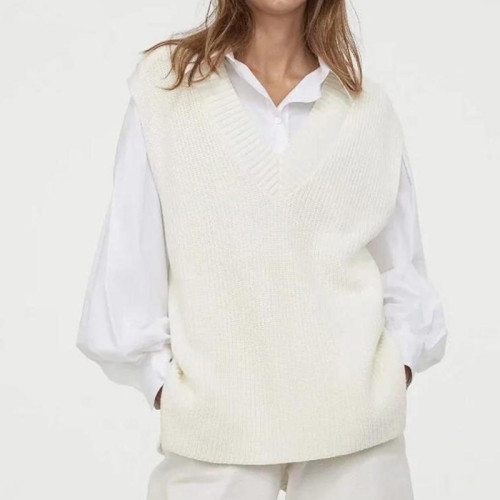 Women Solid Color Slim V-Neck Knitted Sweater Vest