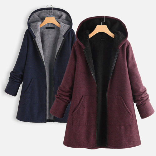 Women Hooded Zipper Loose Thick Warm Coat