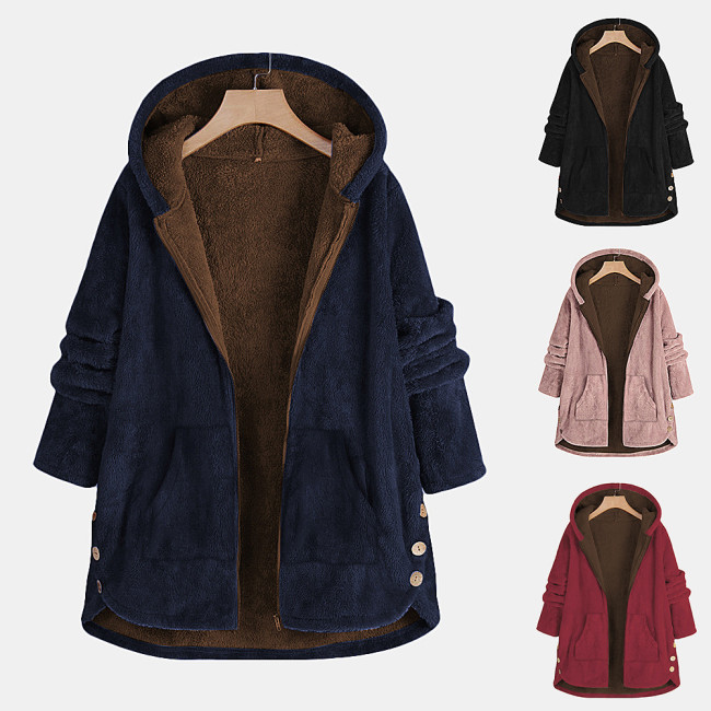 Fashion Loose Fleece Hooded Long-sleeved Multi-pocket Coat