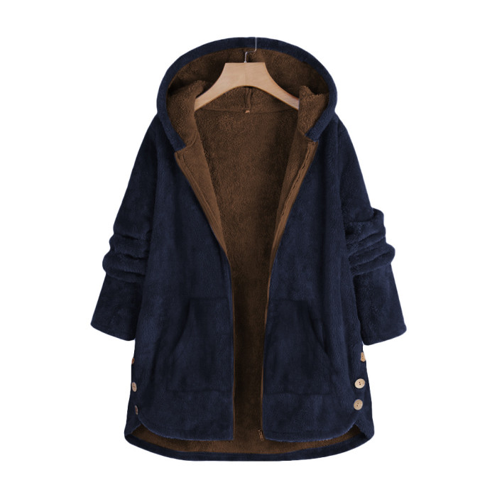 Fashion Loose Fleece Hooded Long-sleeved Multi-pocket Coat