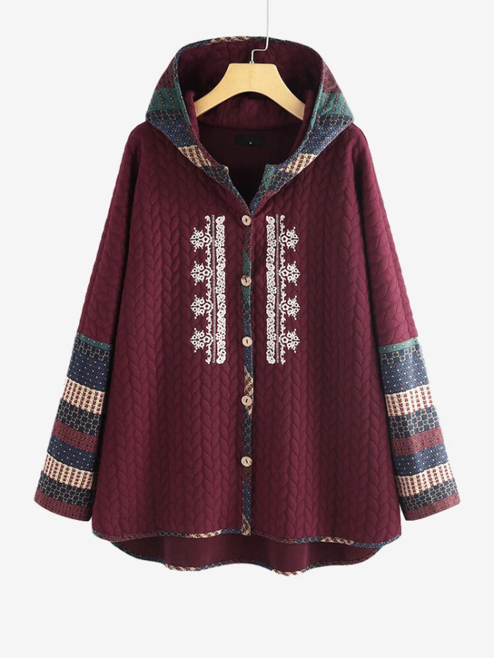 Women's Hooded Single-breasted Printed Mid-length Coat
