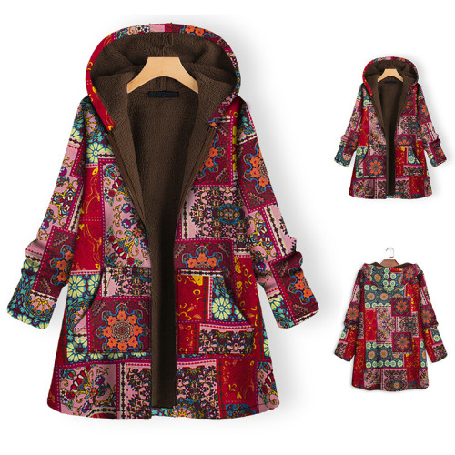 Women Warm Hooded Printed Plush Coat