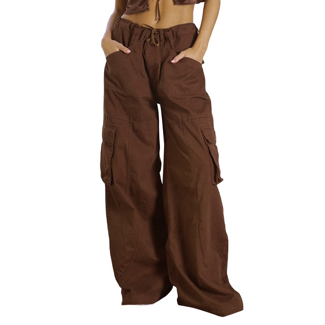 Pantaloni Cargo Casual da donna Combhasaki pantaloni lunghi larghi a gamba dritta con coulisse a vita bassa in tinta unita con tasche